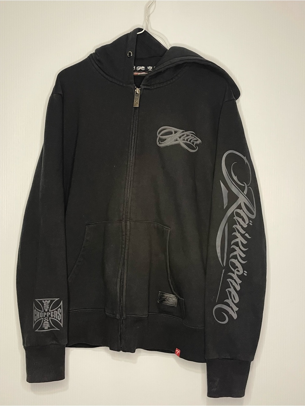 Black Zip-Up Hoodie Sweatshirt with Script Sleeve
